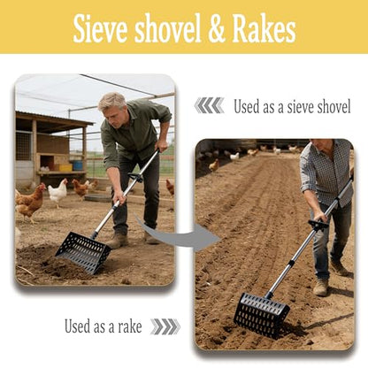 XCL Chicken Poop Scooper, Chicken Coop Scoop & Rake 2-in-1, Chicken Coop Rake with Ergonomic Grip, Sifting Shovel for Poop and Bedding Shavings, for Livestock Farming Such as Chicken Duck (Black) - color: Black