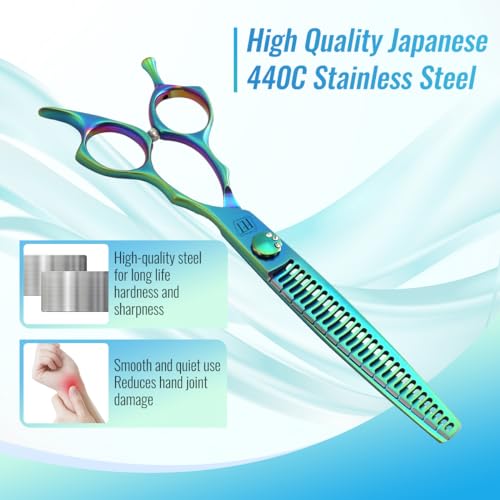 Dog Grooming Scissors: 7" Straight Pet Shears Skeletonized blade Made Of Japanese 440C for Trimming Dogs Cats and Other Pets Green (Chunker G, 7") - style: Chunker