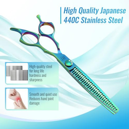 Dog Grooming Scissors: 7" Straight Pet Shears Skeletonized blade Made Of Japanese 440C for Trimming Dogs Cats and Other Pets Green (Chunker G, 7") - style: Chunker