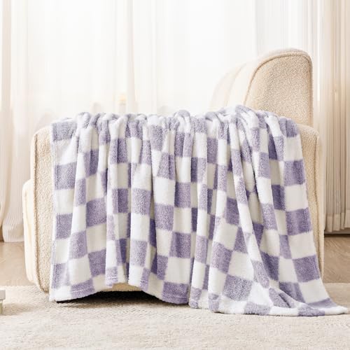 EMME Checkered Blanket Twin Size - 60"x80" Lavender Knit Blanket Soft Fluffy Patterned Throw Blankets for Couch, Sofa, Chair, Bed, Camping, Picnic, Travel - color: 24-checkered Lavender, size: Twin