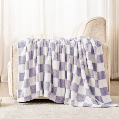 EMME Checkered Blanket Twin Size - 60"x80" Lavender Knit Blanket Soft Fluffy Patterned Throw Blankets for Couch, Sofa, Chair, Bed, Camping, Picnic, Travel - color: 24-checkered Lavender, size: Twin