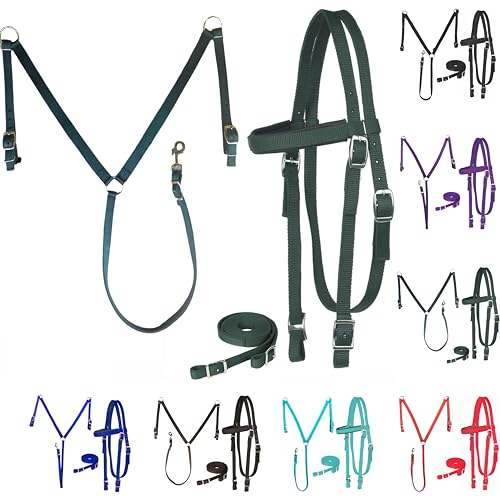 Majestic Ally Nylon Padded Equestrian Browband Headstall, Reins & BreastCollar Set for Horse- Full - color: Hunter Green