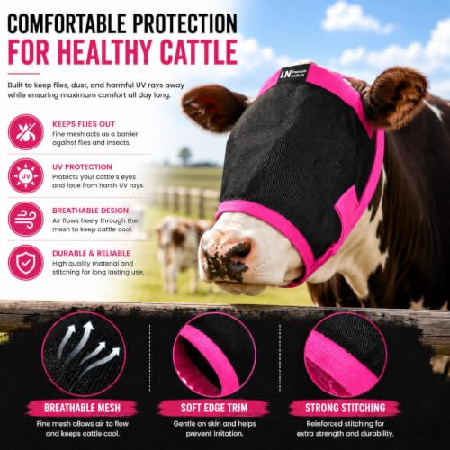 Cattle Livestock Fly Mask Fleece Padding Breathable Mesh Adjustable Fit for All Cattles (Black, Pink) (Pink) - color: Pink