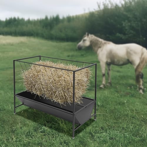 Pasture Hay Feeder 50 Gallon, Heavy Duty 2-in-1 Livestock Feeder, Hay Grain Feeding with 30 Gallon Feed Pan, Multiple Sided Pasture Hay Rack for Sheep Horses