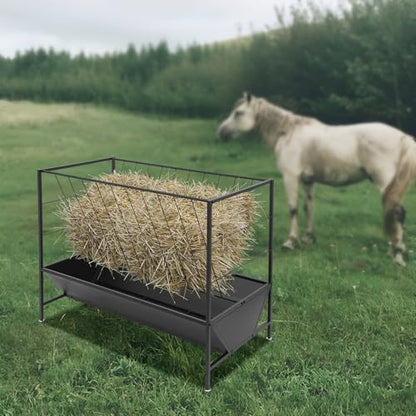 Pasture Hay Feeder 50 Gallon, Heavy Duty 2-in-1 Livestock Feeder, Hay Grain Feeding with 30 Gallon Feed Pan, Multiple Sided Pasture Hay Rack for Sheep Horses