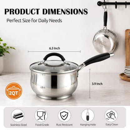 E-far 2 Quart Stainless Steel Saucepan with Lid, Milk Sauce Pot for Kitchen - size: 2 Quarts