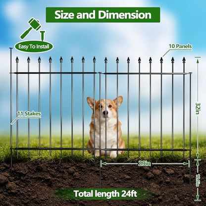 Decorative Metal Garden Fence，(10 Panels+ 11 Posts), Total Iength24 ft(W) x 32 in(H), High Metal Border Fence, Classic Roman Column Decoration, Garden and Lawn Landscape Fence, Black Animal Fence - size: 10 Panels-24 ft(W) x 32 in(H)