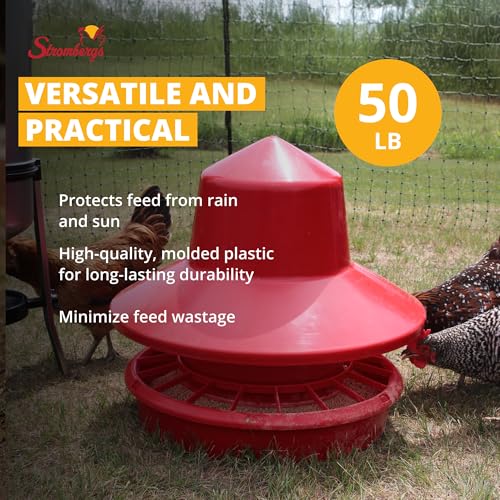 Stromberg's 50 lb Rain Shield Feeder, Large Capacity Range Feeder, Durable One-Piece Plastic Lid and Shield, Easy-Fill Design, Feed-Saving Grill, 24" Overall Height, 22" Pan Diameter