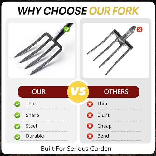 Digging Spading Fork Forged Steel with D Grip Handle 41” Premium 4-Tine Spading Digging Fork Sturdy Metal D-Grip Multi-Purpose Virtually Unbreakable Gardening Tool