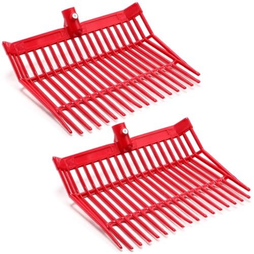 Lasnten Manure Fork Replacement Head, 18 Tines Pitchfork Head with Screws and Nuts, Horse Manure Rake for Picking up Grass and Hay(Red,2 Pcs)