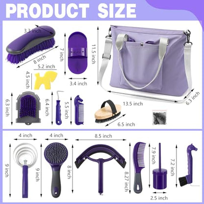 Abbylike 15 Pieces Horse Grooming Kit with Organizer Tote Bag Tack Room Supplies Horse Brush Sets Care Equine Cleaning Kit Shedding Grooming Massaging Tools(Purple and Grey) - color: Purple and Grey