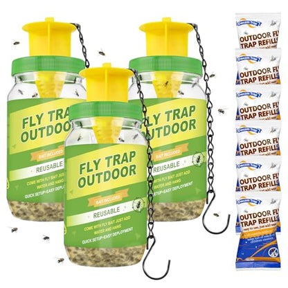 3 Pack Reusable Fly Traps Outdoor with 6 Fly Bait Refill - color: Green-3 pack