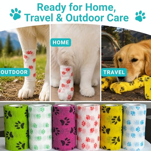 4 Inch Vet Wrap for Large Dogs, 18 Rolls Dog Leg & Paw Wound Care | Bandage Wrap, Minor Wounds, Hotspots, Broken Nails, Gauze Pads & Licking Protection