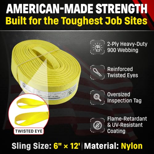 DD Sling 6 Inch x 12 Foot Nylon Lifting Sling – USA Made, 16,300 lb Vertical, 13,000 lb Choker, 32,600 lb Basket – 2-Ply Heavy Duty 900 Webbing, Type 4 Twisted Eye & Eye Rigging Sling - size: 6 in x 12 ft