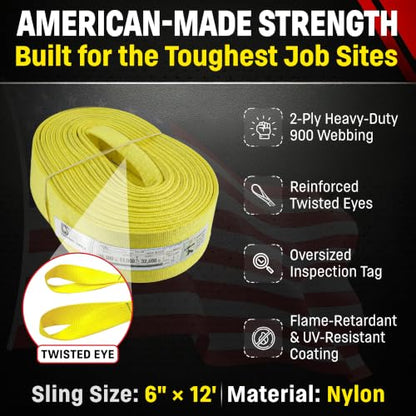 DD Sling 6 Inch x 12 Foot Nylon Lifting Sling – USA Made, 16,300 lb Vertical, 13,000 lb Choker, 32,600 lb Basket – 2-Ply Heavy Duty 900 Webbing, Type 4 Twisted Eye & Eye Rigging Sling - size: 6 in x 12 ft