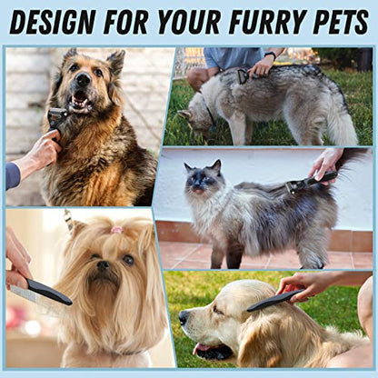 Docrok Pet Grooming Brush and Metal Comb Combo for Dogs & Cats, Gray | Dematting Deshedding Undercoat Rake, Cat Brush Dog Brush Shedding Tool for Long Matted Haired Pets - color: Gray
