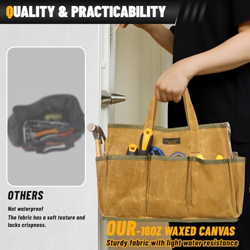 16OZ Waxed Canvas Tool Tote Bag | Large-Capacity Tool Storage Tote with 10 External Pockets | Multi-Purpose Garden Tool Carrier for Gardening, Wrench, and Carpentry Tools – Khaki - color: Khaki