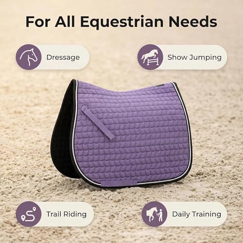 Premium English Horse Saddle Pad, Quilted Square Design, Available in Pink, Mint Green and Red etc, All-Purpose with Girth Straps (Purple) - color: Purple