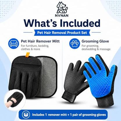 NVNAN 3 PCS Pet Hair Removal Glove and Pet Hair Remover | Groom pets and remove fur from clothes, bedding, car seats, and couches with reusable grooming and fabric gloves - color: Big Fabric Pet Hair Gloves+Pet Grooming Brush