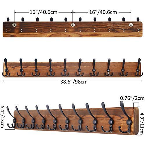 SKOLOO Rustic Coat Rack Wall Mount, 10 Hooks, 38.6'' Long, Solid Wood,Brown - color: Brown Plate & Black Hook, size: 1 Item-10 Hooks