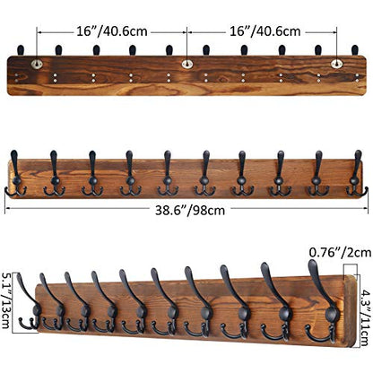 SKOLOO Rustic Coat Rack Wall Mount, 10 Hooks, 38.6'' Long, Solid Wood,Brown - color: Brown Plate & Black Hook, size: 1 Item-10 Hooks