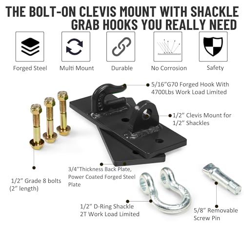 Tractor Bucket Hooks, Bolt On Clevis Mount with 1/2” Shackle, 5/16”Grab Hooks G70 Steel, Shackles Mount with Backer Plate, Heavy Duty Tow Hook for Car Truck SUV RV UTV Tractors Bucket (Black) - color: Black