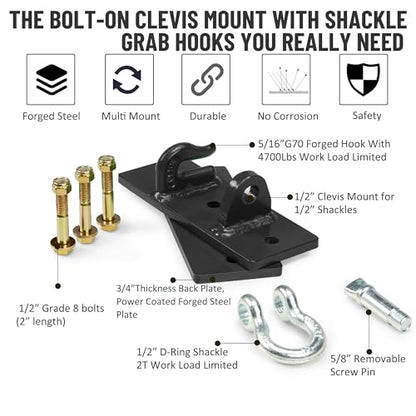 Tractor Bucket Hooks, Bolt On Clevis Mount with 1/2” Shackle, 5/16”Grab Hooks G70 Steel, Shackles Mount with Backer Plate, Heavy Duty Tow Hook for Car Truck SUV RV UTV Tractors Bucket (Black) - color: Black