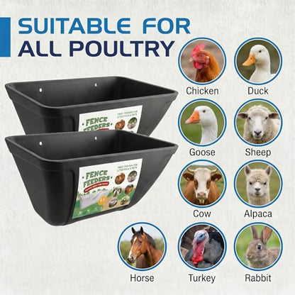 Hanging Chicken Feeder Waterer Heavy Duty BPA-Free Plastic Feed Trough, Fence Mount Livestock Feeding Bucket, Backyard Poultry Farm Supplies for Duck, Turkey, Goat, Sheep, 2 Pack, Black - color: Black