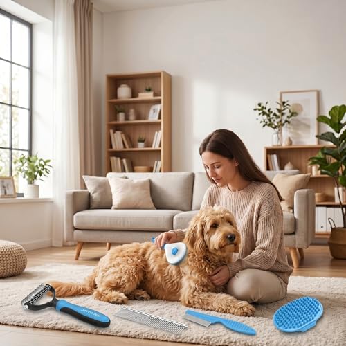 5-in-1 Dog Grooming Kit with Self Cleaning Brush & Rake, Blue - color: Blue