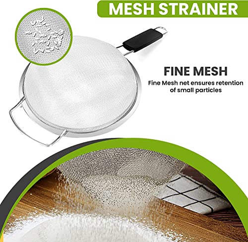 9" Large Extra Fine Mesh Strainer with Thermo Plastic Rubber Handle - Sieve Fine Mesh Stainless Steel - Ideal to Strain Pasta, Quinoa and Rice