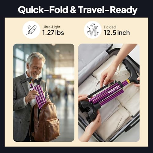 Walking Cane with LED Light, Foldable,Adjustable, Self Standing Walking Canes for Men & Women,Walking Sticks with Quad Base for Seniors & Adults - color: Purple