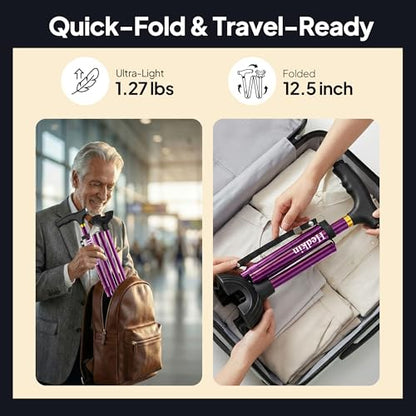 Walking Cane with LED Light, Foldable,Adjustable, Self Standing Walking Canes for Men & Women,Walking Sticks with Quad Base for Seniors & Adults - color: Purple