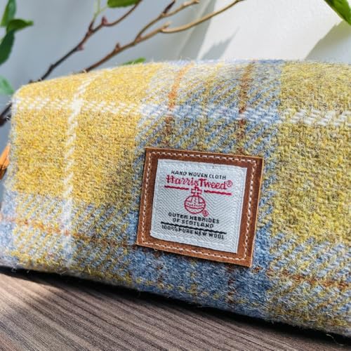 TAILORMAP Harris Tweed Wool Cosmetic Bag, Large Capacity Scottish Tartan Handmade Makeup Organizer, Stain-Resistant Travel Toiletry Pouch for Women (Yellow) - color: Yellow