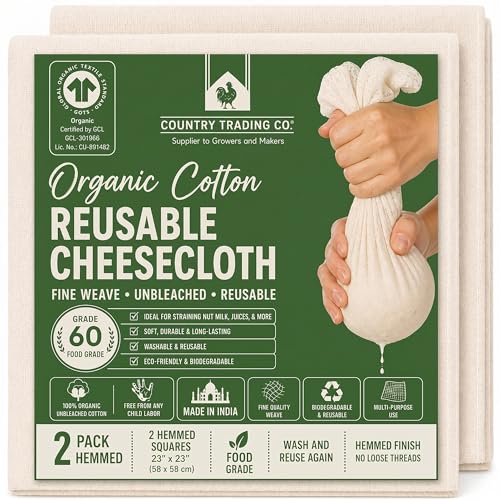 Country Trading Co. Organic Cheese Cloth, 2 Hemmed 23x23 Squares, Reusable - size: 3.7 sq ft (2 pcs)