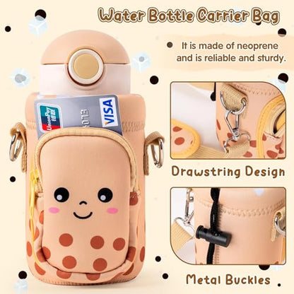 Water Bottle Carrier Bag with Strap for Kids - Water Bottle Bag Holder with Padded Strap Pocket 10/12/14/16/18Oz for Boys Girls School Walking Hiking Camping - style: Bubble Tea