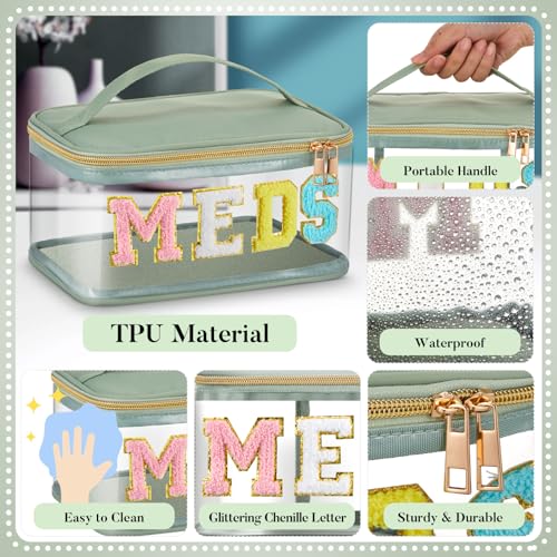 Geetery Chenille Letter Bag, Meds Cheer Travel Cases Cheerleader Gifts Cosmetic Bag Nylon Makeup Portable Preppy Patch with Zipper Toiletry Storage Case for Women(Sage Green,Meds) - color: Sage Green, style: Meds