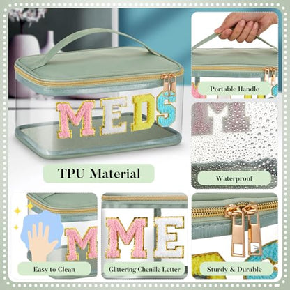 Geetery Chenille Letter Bag, Meds Cheer Travel Cases Cheerleader Gifts Cosmetic Bag Nylon Makeup Portable Preppy Patch with Zipper Toiletry Storage Case for Women(Sage Green,Meds) - color: Sage Green, style: Meds