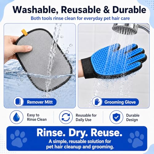 NVNAN 3 PCS Pet Hair Removal Glove and Pet Hair Remover | Groom pets and remove fur from clothes, bedding, car seats, and couches with reusable grooming and fabric gloves - color: Big Fabric Pet Hair Gloves+Pet Grooming Brush