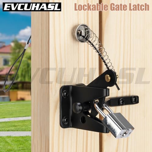 Self Locking Gate Latch with Spring Cable Pull, Heavy Duty Automatic Gravity Lever Gate Fence Door Latches for Wooden Fence/Vinyl Door/Outdoor Secure Pool/Garden, Black-1 Pack