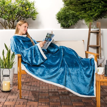 PAVILIA Sherpa Wearable Blanket with Sleeves and Pocket, Plush Thick Cozy Body Blanket Wrap for Adult Women Men, Christmas Gift for Wife Mom, Teal Blue - color: Sea Blue
