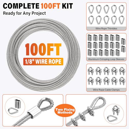 1/8 Stainless Steel Cable Kit - 100ft 1/8" Wire Rope with Cutter - size: 100FT Kit