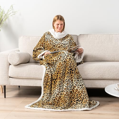 PAVILIA Sherpa Wearable Blanket with Sleeves and Pocket, Plush Thick Cozy Body Blanket Wrap for Adult Women Men, Christmas Gift for Wife Mom, Leopard Cheetah - color: Cheetah