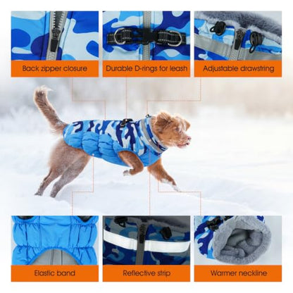 Lelepet Dog Winter Coat with Harness, Waterproof Reflective Camo Jacket - color: Blue Camo, size: X-Small