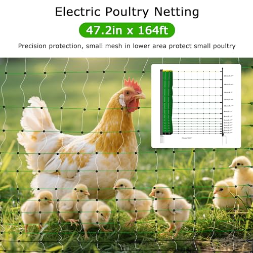 Electric Poultry Netting, 47.2"H x 164'L Electric Chicken Fence Netting | for Chickens, Ducks,Turkeys, Sheep, Geese in Yard, with Posts & Double-Spiked Stakes Farms,Backyards, Garden