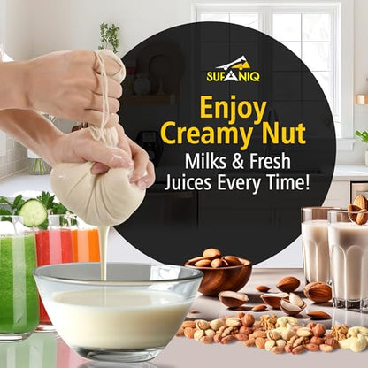SUFANIQ Nut Milk Bag - 2 Bags (12 x 12 Inch) 100% Unbleached Cotton Cheese Cloth Bag for Straining, Premium Nut Milk Bag Reusable, Nut Bag Strainer for Almond, Soy, Oat Milk, Juices, Cheese Making - size: 12x12 / 2 pieces