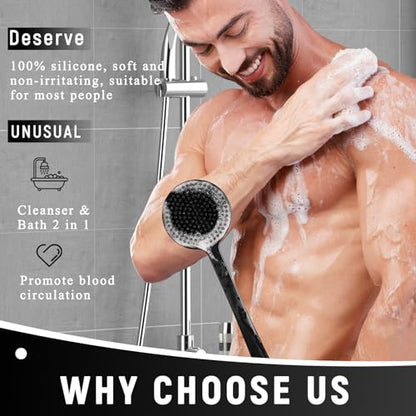2 Pack Back Scrubber for Shower, 17in Lengthen Long Handle Body Brush, Double Sided Shower Brush for Shower Exfoliating and Massage Can Produce Rich Foam, Long Handle Back Scrubber for Men - color: 2pc-black