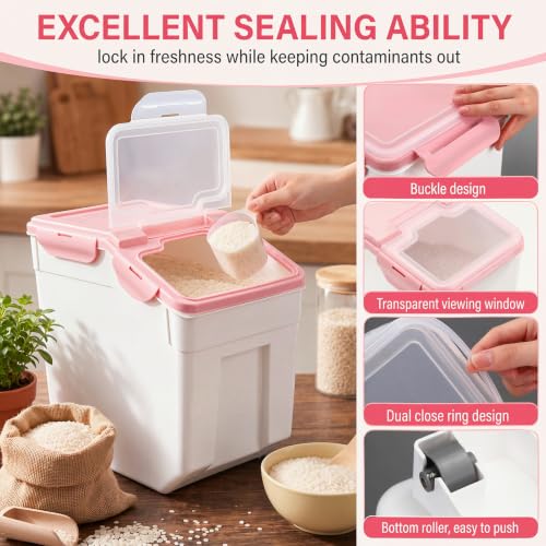 Sunnyray 4 Pcs 55 Lbs Rice Flour Storage Bins with Wheels, Pink - color: Pink, size: 55 lbs