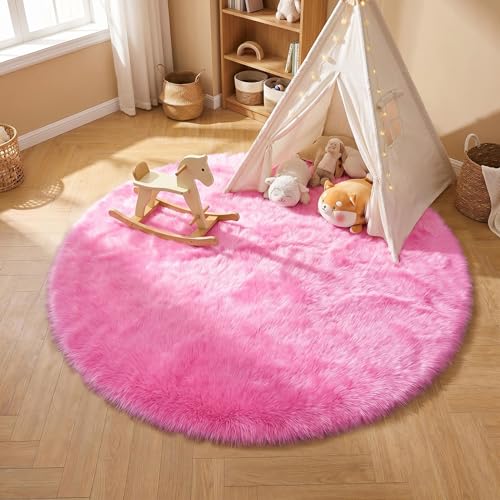 duduta Hot Pink Faux Fur Sheepskin Round Rug 4x4 ft, Fluffy Shag Circle Rug - color: Hot Pink, size: 4' x 4'