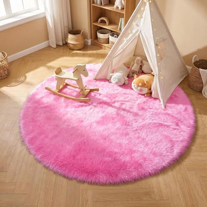 duduta Hot Pink Faux Fur Sheepskin Round Rug 4x4 ft, Fluffy Shag Circle Rug - color: Hot Pink, size: 4' x 4'