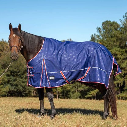 Jeffers Poplar Head Origin 600 Denier Turnout Blanket | 240 Gram Polyfill | Waterproof, Breathable, Horse Blanket for Cold Weather | Navy with Star Print, Adjustable Straps, Fits 75" - size: 75 in